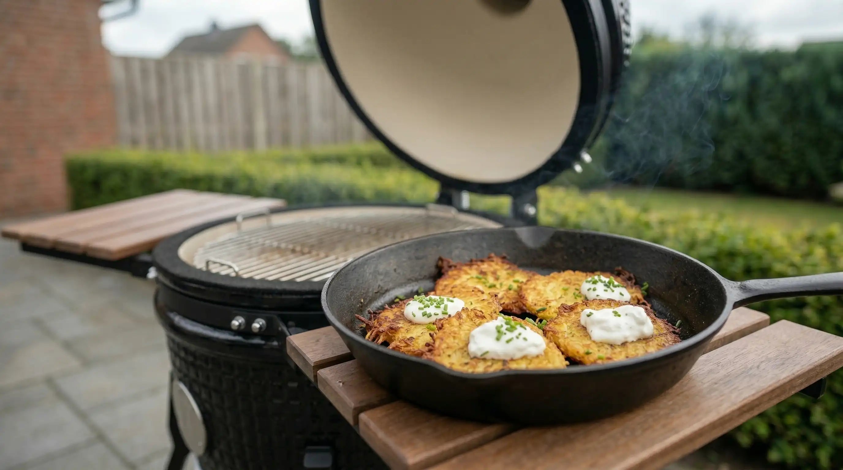 échines de porc marinées au kamado, grillade allemande avec pommes de terre et bière