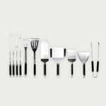 Ensemble complet de 10 ustensiles de cuisson en inox, incluant pinces, fourchette, spatules et brochettes, idéals pour griller, retourner et servir avec précision.