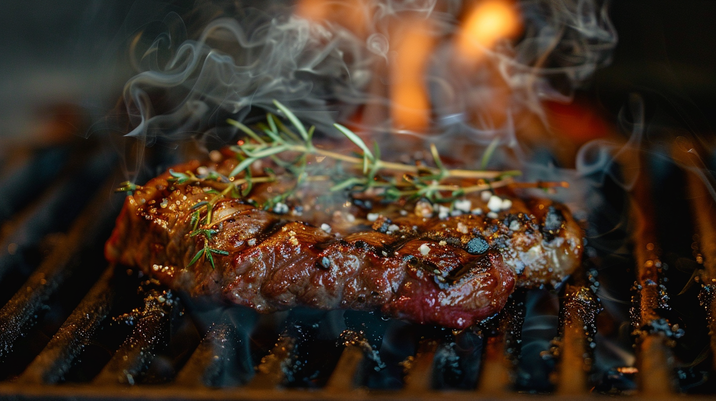 Grosse pièce de bœuf grillée sur un barbecue Kamado, assaisonnée de romarin et de gros sel, dégageant une fumée aromatique et une belle croûte caramélisée façon caveman style.
