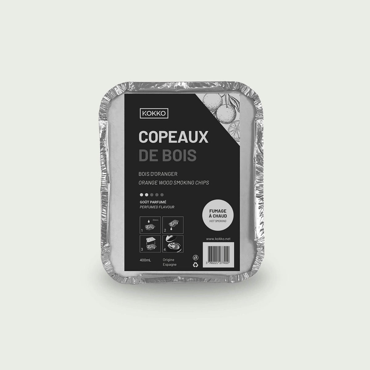 Boîte de copeaux de bois d’oranger, conçue pour le fumage à chaud et apportant une saveur douce et fruitée aux grillades.