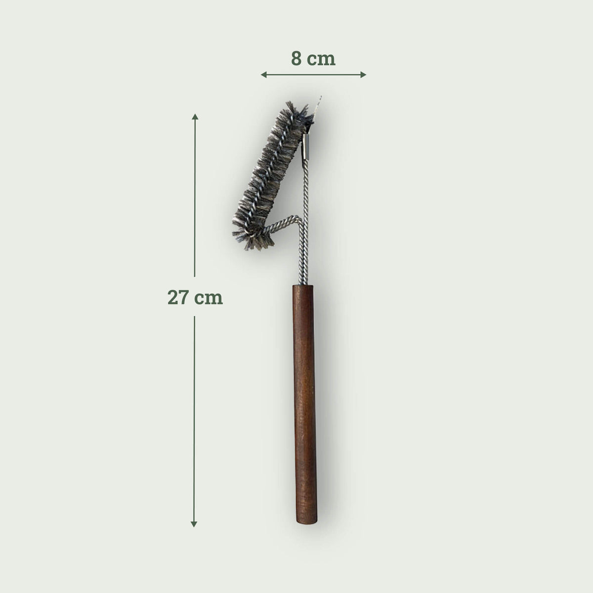 Brosse de nettoyage pour grille de barbecue en acier inoxydable de 27 cm de long et 8 cm de large, avec manche en bois pour un entretien facile du Kamado Forest Grill.