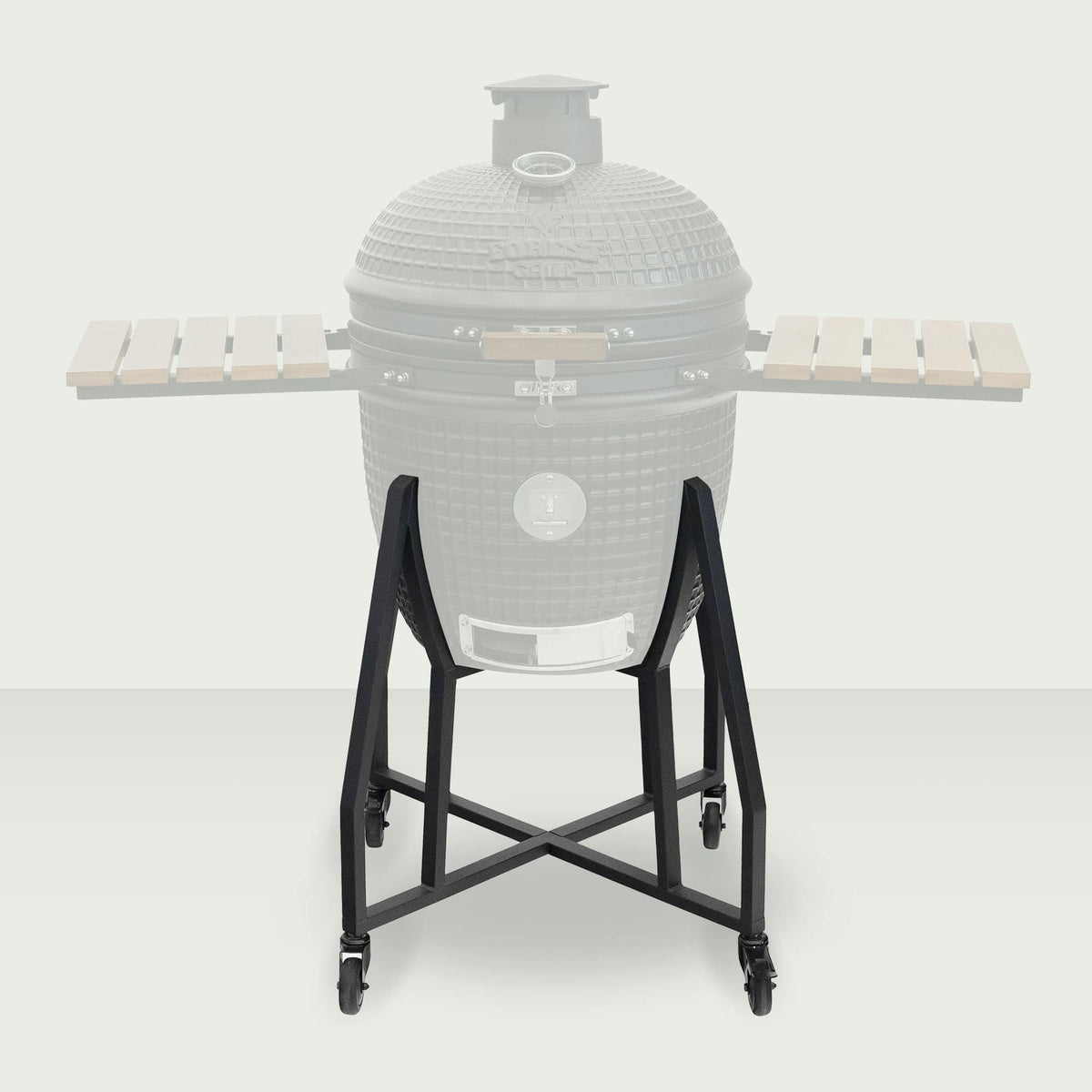 Chariot en métal noir pour Kamado Forest Grill 22", doté de roulettes robustes et d’une structure stable pour faciliter le déplacement et la sécurité lors de la cuisson.
