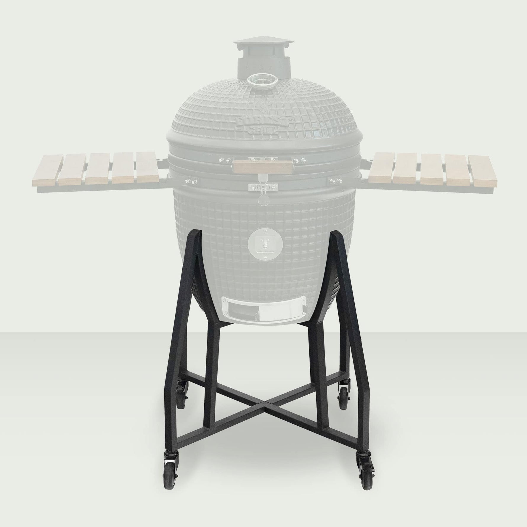 Chariot en métal noir pour Kamado Forest Grill 22", doté de roulettes robustes et d’une structure stable pour faciliter le déplacement et la sécurité lors de la cuisson.