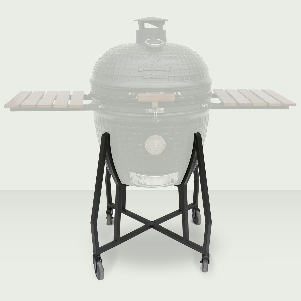 Chariot en métal noir pour Kamado Forest Grill 25", doté de roulettes robustes et d’une structure stable pour faciliter le déplacement et la sécurité lors de la cuisson.