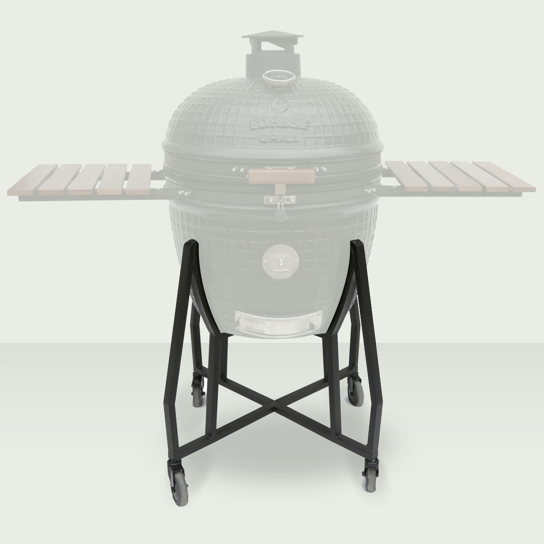 Chariot en métal noir pour Kamado Forest Grill 25", doté de roulettes robustes et d’une structure stable pour faciliter le déplacement et la sécurité lors de la cuisson.