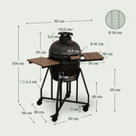 Schéma du barbecue Kamado Forest Grill 16" sur son chariot à roulettes, avec tablettes latérales en bois et couvercle en céramique noire texturée, présenté sur fond clair.