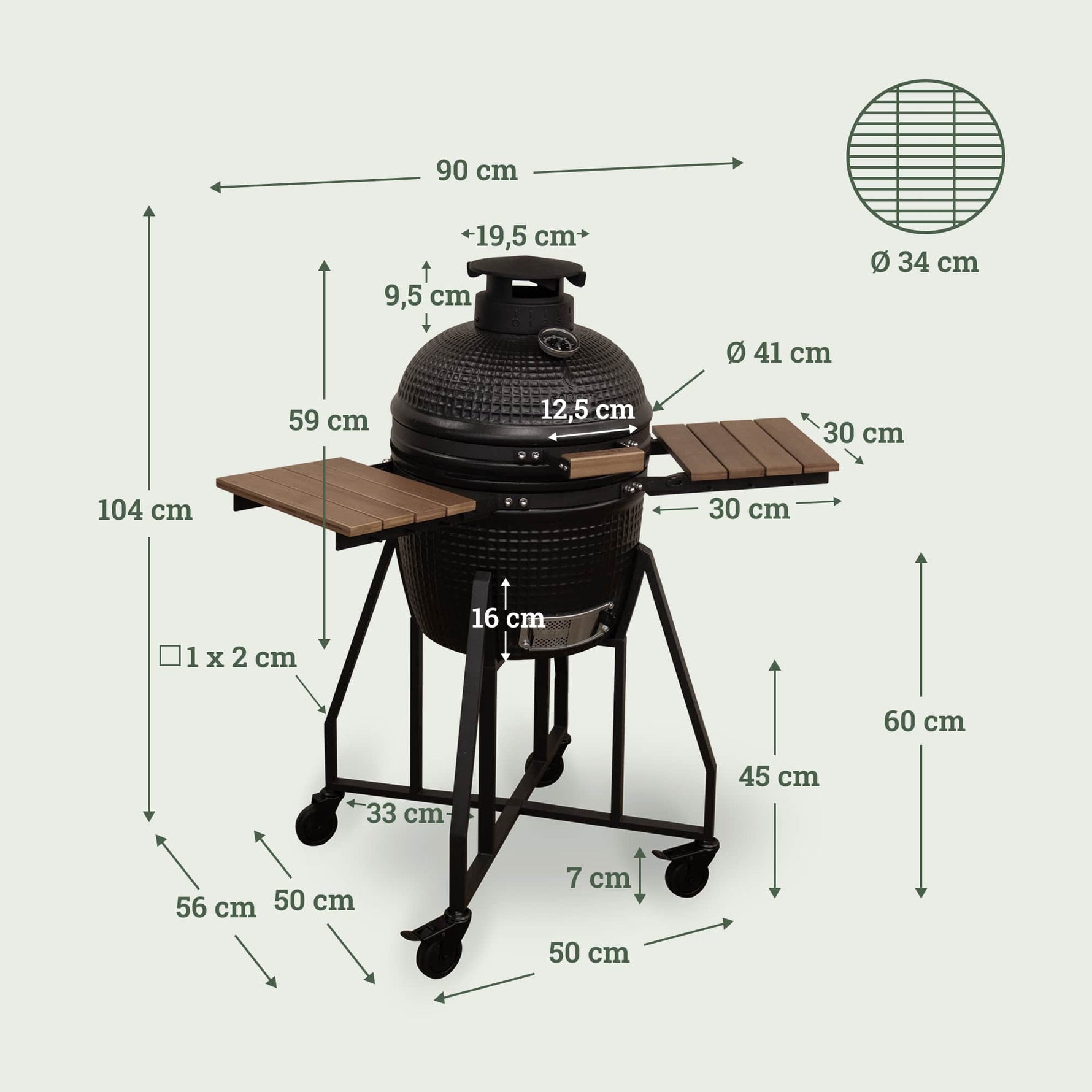 Schéma du barbecue Kamado Forest Grill 16" sur son chariot à roulettes, avec tablettes latérales en bois et couvercle en céramique noire texturée, présenté sur fond clair.