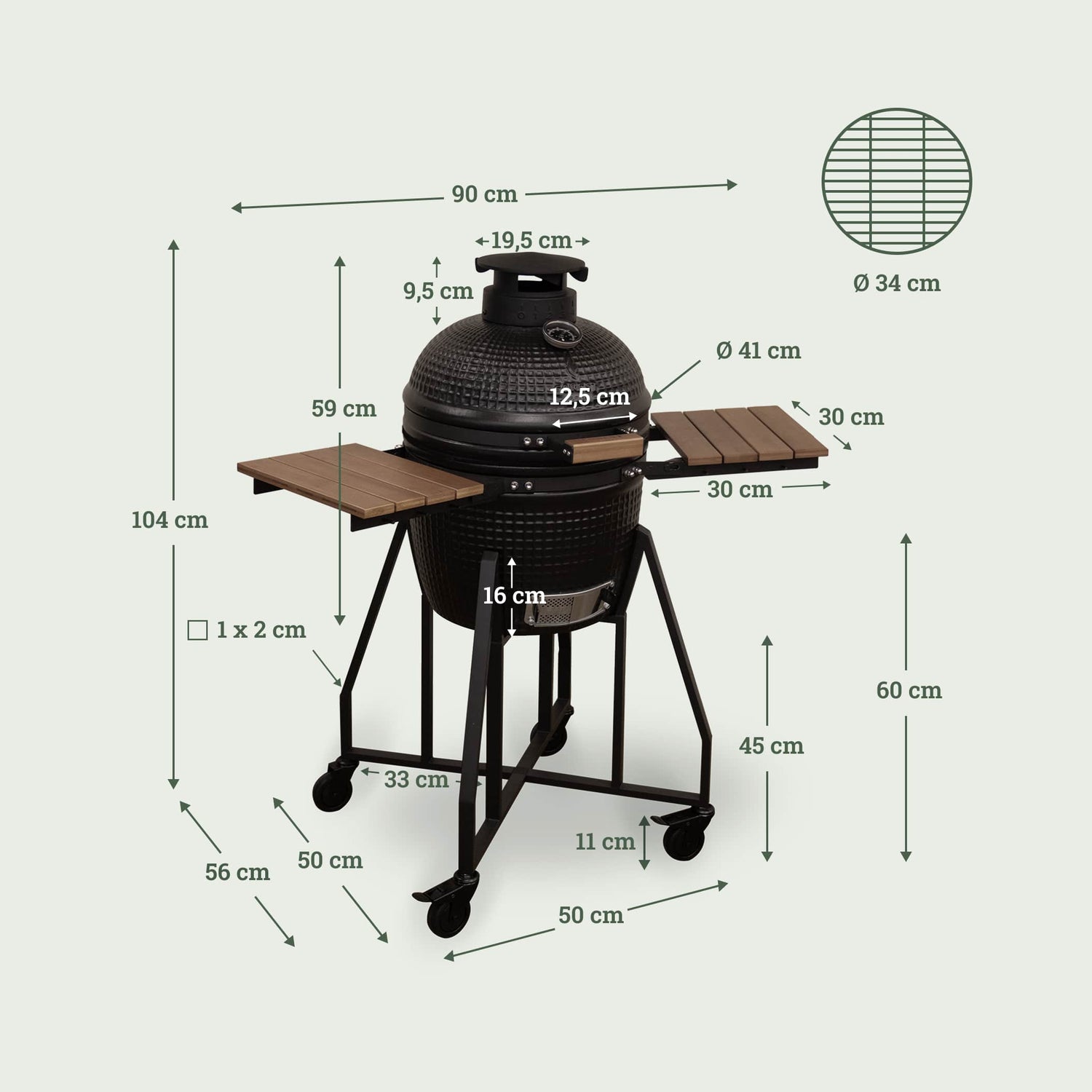 Schéma du barbecue Kamado Forest Grill 16" sur son chariot à roulettes, avec tablettes latérales en bois et couvercle en céramique noire texturée, présenté sur fond clair.