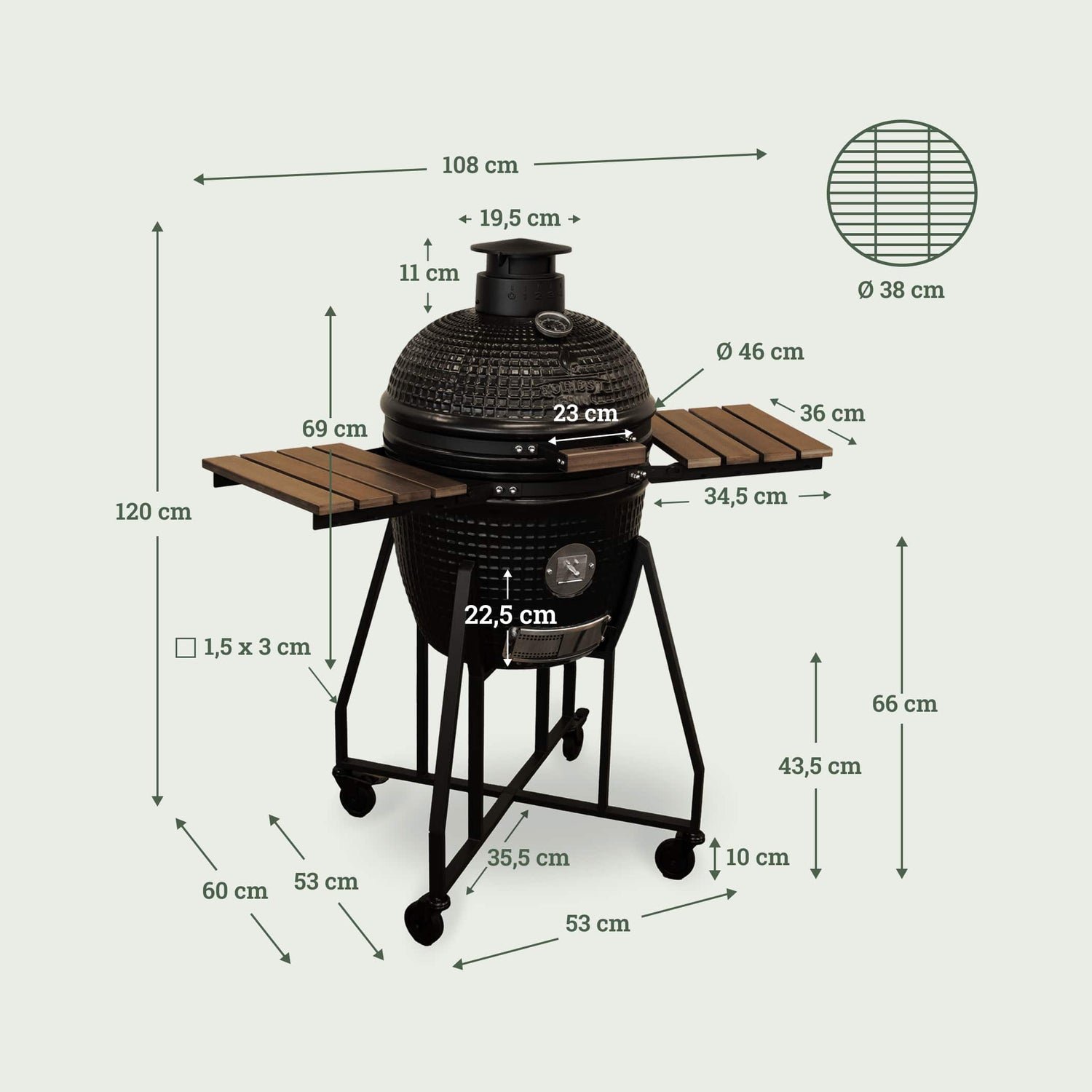 Schéma du barbecue Kamado Forest Grill sur son chariot à roulettes, avec ses deux tablettes latérales en bois rabattables et son couvercle en céramique noire texturée, présenté sur fond clair.
