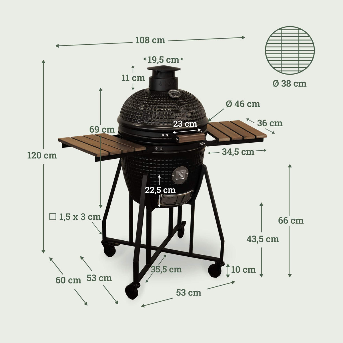Schéma du barbecue Kamado Forest Grill 18" sur chariot en acier avec roulettes, deux tablettes latérales en bois et cuve en céramique noire texturée, sur fond clair.