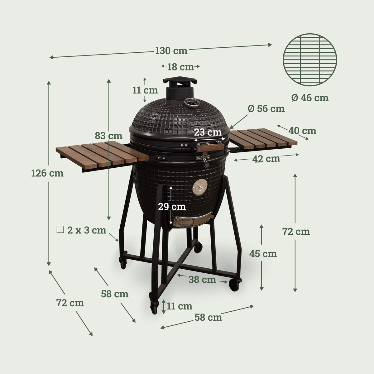 Schéma du barbecue Kamado Forest Grill 22" montrant le design complet avec chariot robuste, tablettes latérales en bois et couvercle en céramique noire, présenté sur fond clair.