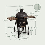 Schéma du barbecue Kamado Forest Grill 22" montrant le design complet avec chariot robuste, tablettes latérales en bois et couvercle en céramique noire, présenté sur fond clair.