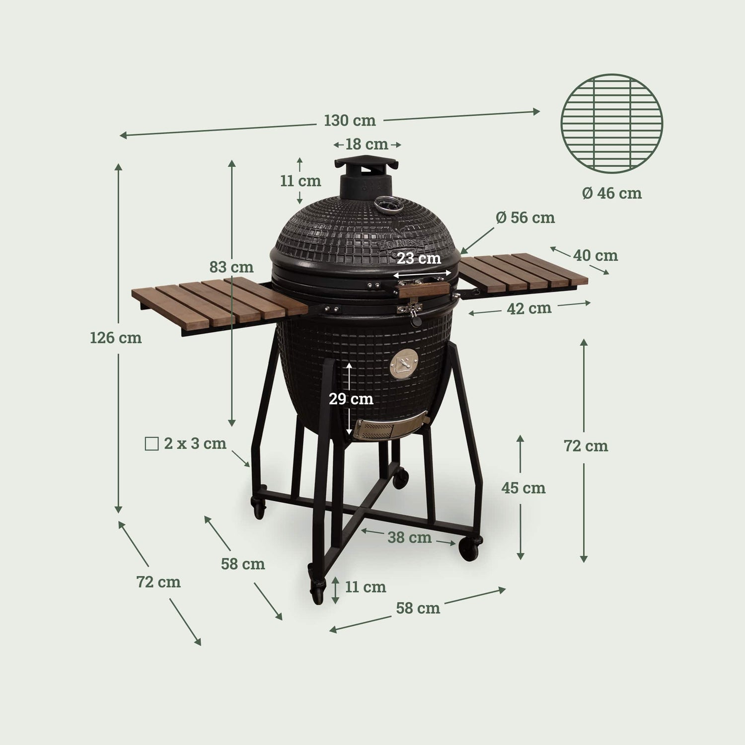 Schéma du barbecue Kamado Forest Grill 22" montrant le design complet avec chariot robuste, tablettes latérales en bois et couvercle en céramique noire, présenté sur fond clair.