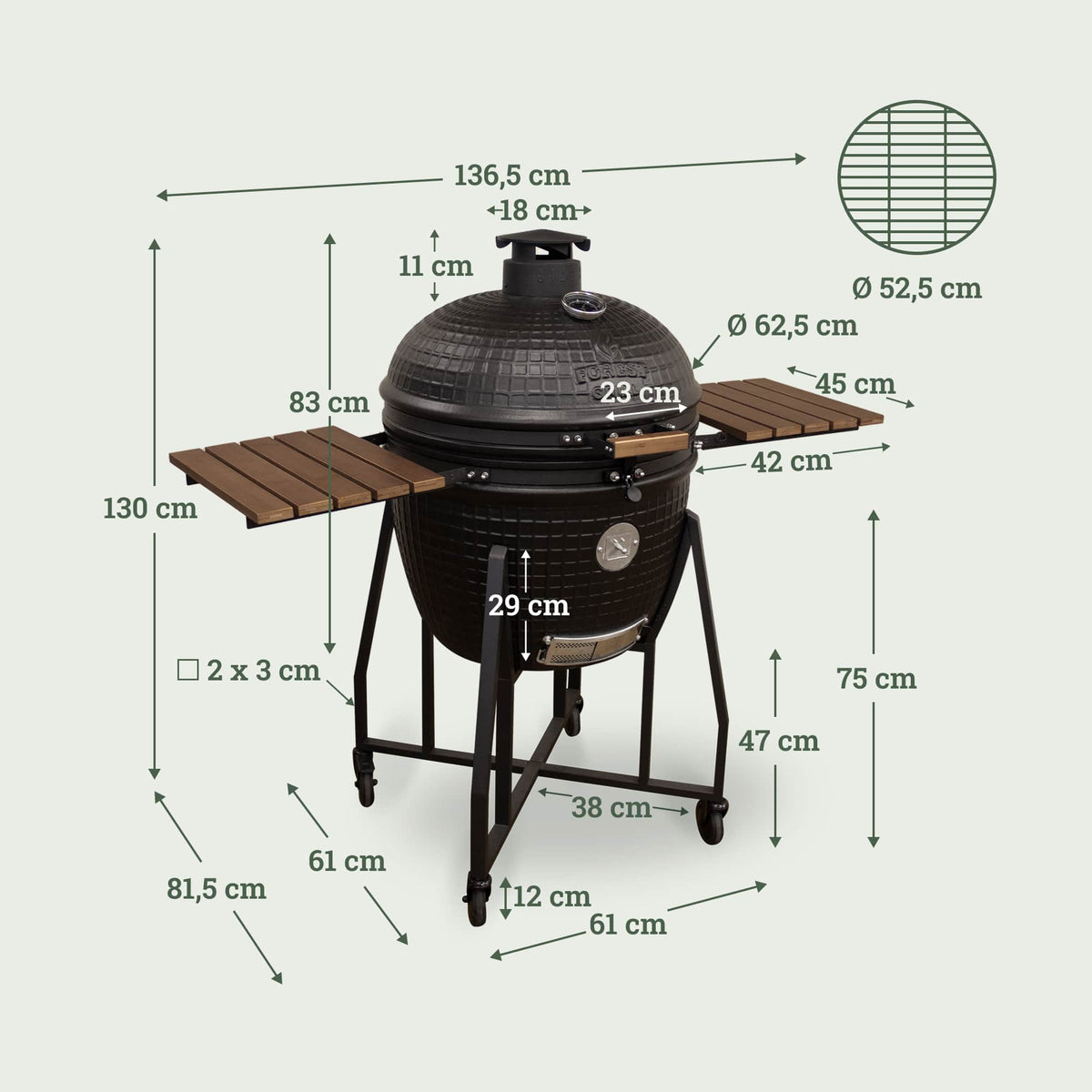 Schéma du grand barbecue Kamado Forest Grill 25" avec chariot à quatre roulettes, larges tablettes latérales en bois et céramique noire texturée, sur fond clair.