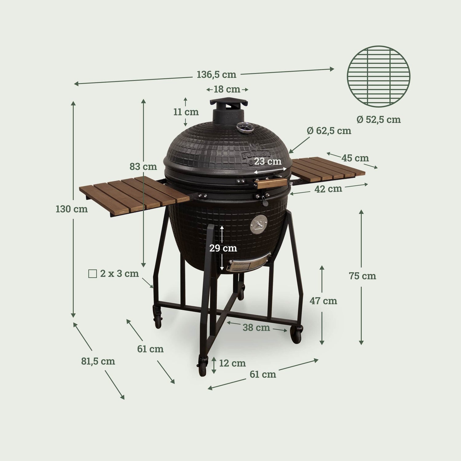 Schéma du grand barbecue Kamado Forest Grill 25" avec chariot à quatre roulettes, larges tablettes latérales en bois et céramique noire texturée, sur fond clair.