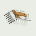 Dimensions des griffes à viande en inox et manche bois – largeur 12 cm et hauteur 10,5 cm.