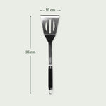 Spatule longue XL en inox avec manche noir, dimensions 35 cm de long et tête de 10 cm de large.