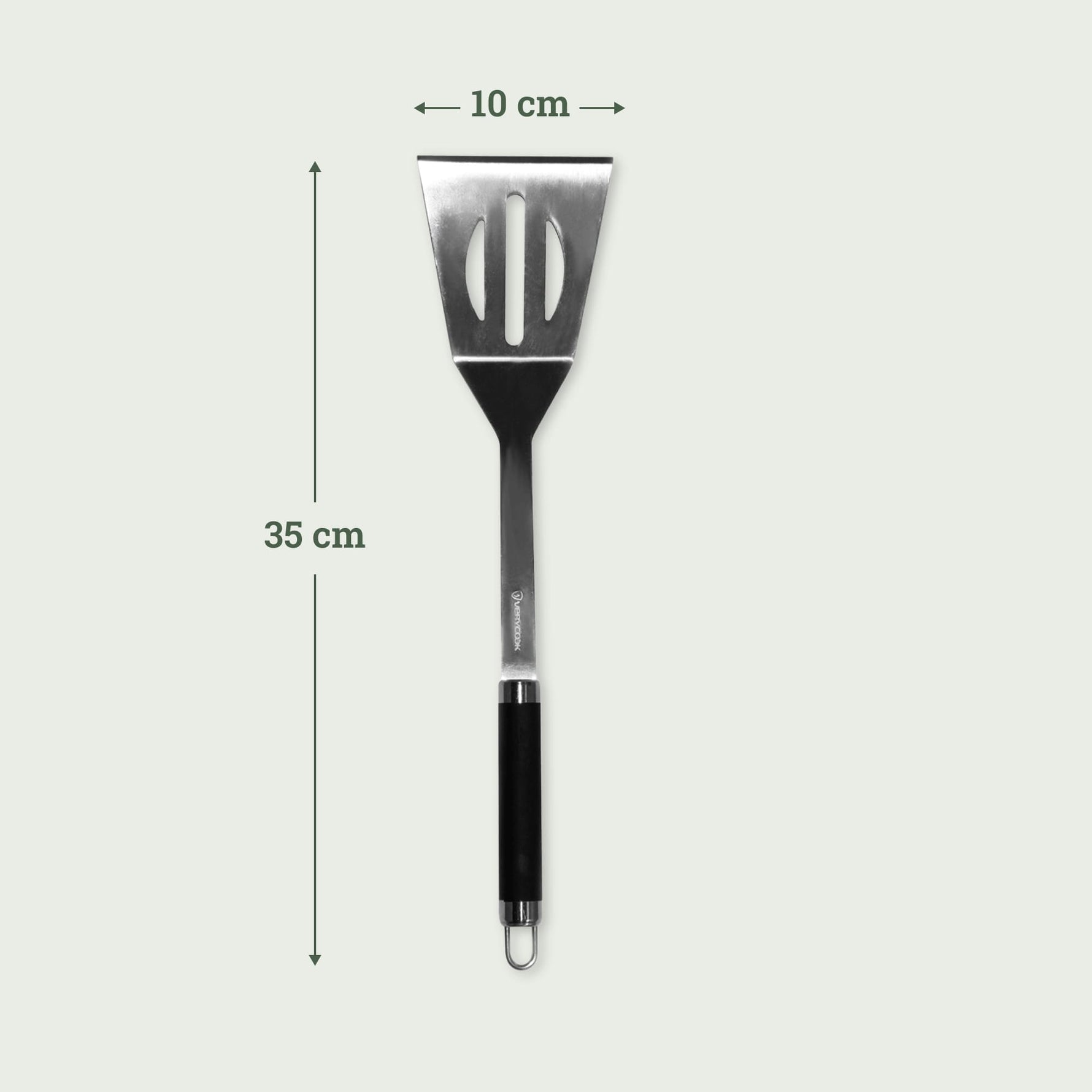 Spatule longue XL en inox avec manche noir, dimensions 35 cm de long et tête de 10 cm de large.