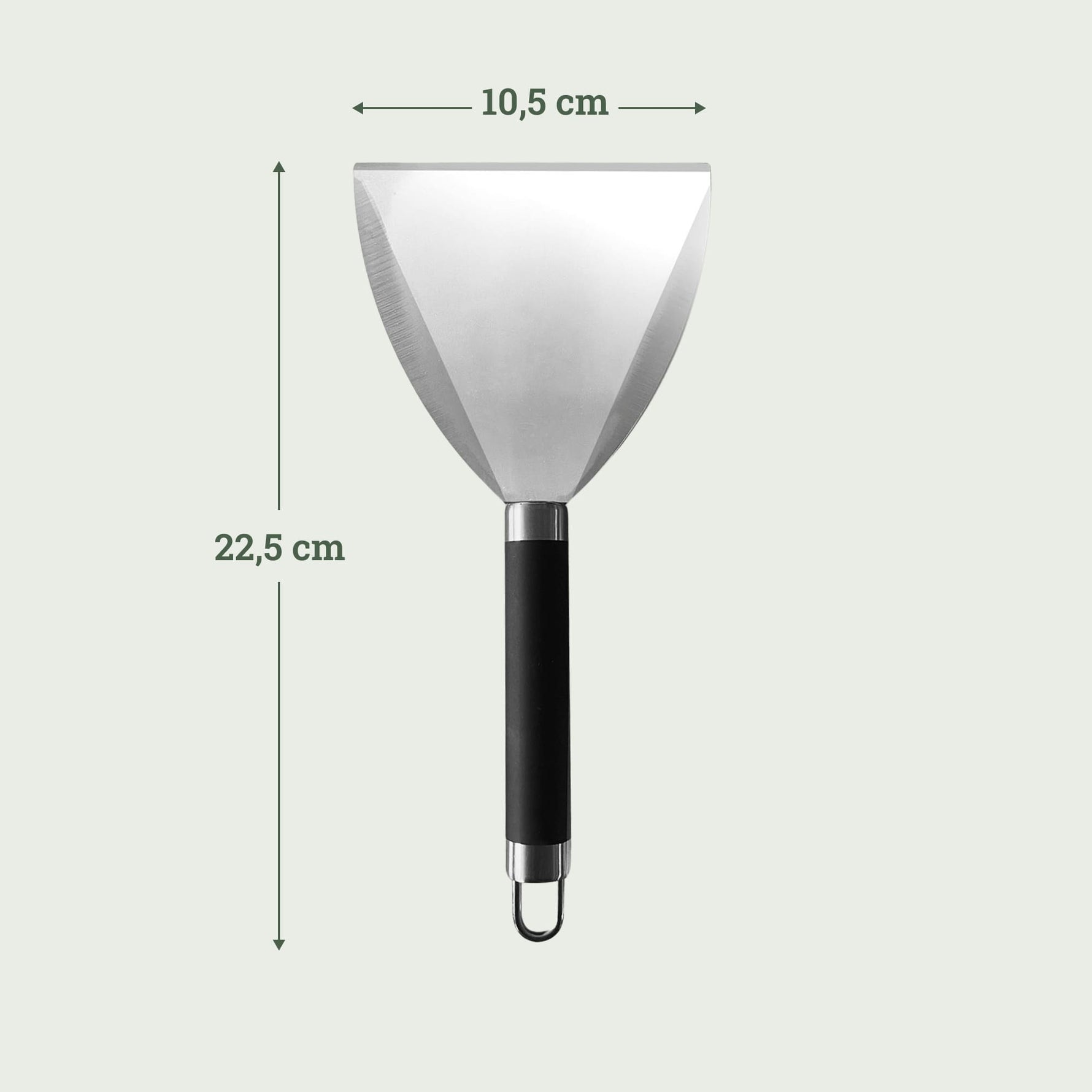 Spatule d’entretien en inox avec lame triangulaire et manche noir, dimensions 22,5 cm de long et tête de 10,5 cm de large.