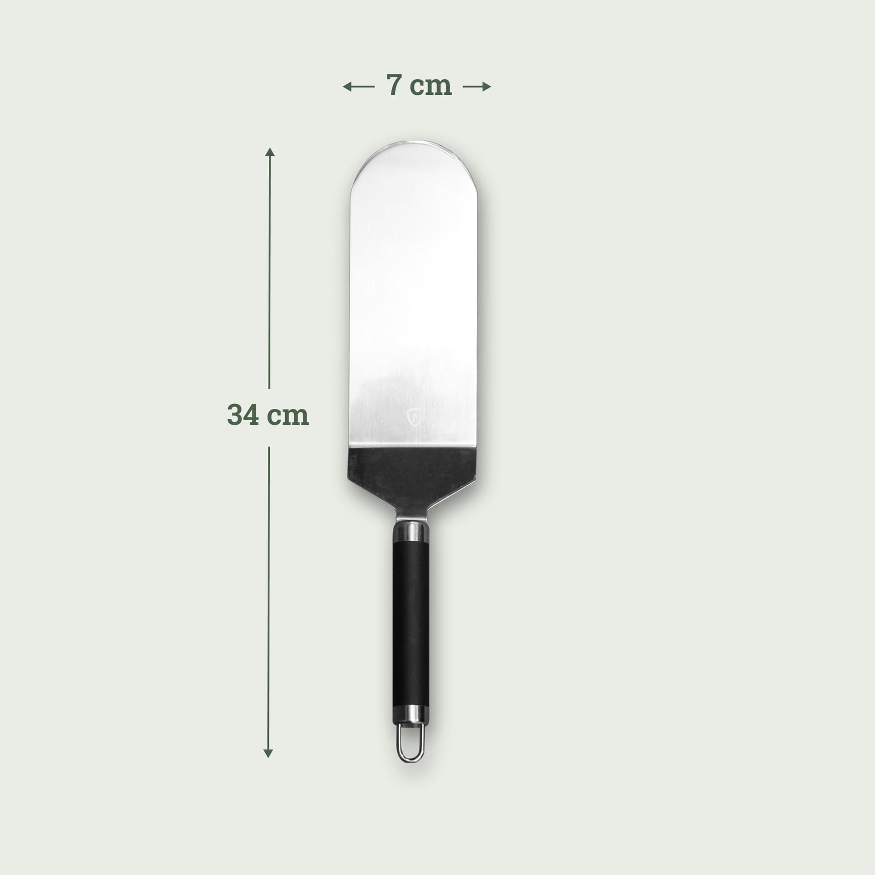 Spatule à poisson en inox longue et étroite avec manche noir, dimensions 34 cm de long et tête de 7 cm de large.