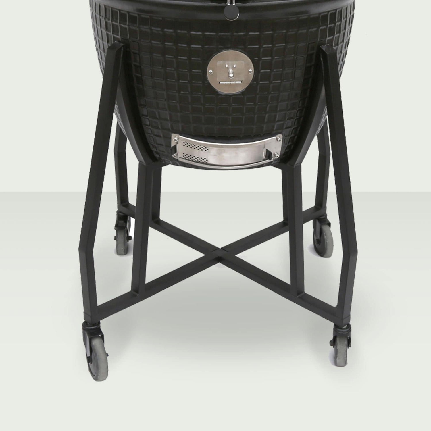 Chariot robuste en acier peint du Kamado Forest Grill, équipé de roulettes pour un déplacement facile.