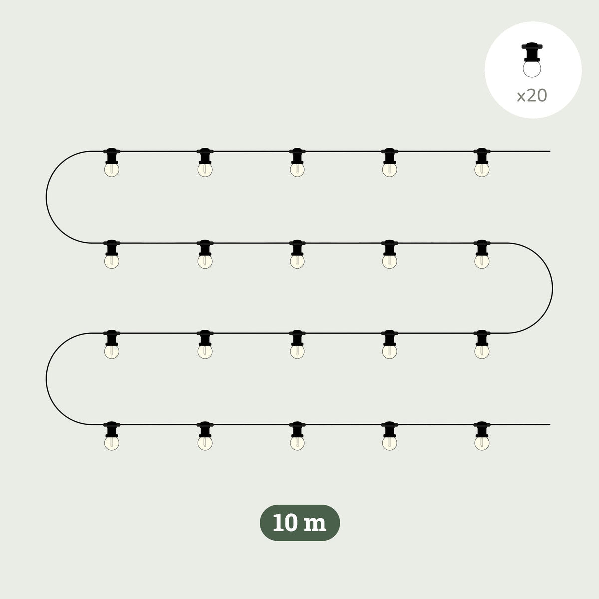 Illustration d’une guirlande lumineuse extérieure Forest Grill de 10 mètres, comprenant 20 ampoules LED rondes fixées sur un câble noir, parfaite pour décorer un balcon, une terrasse ou un jardin avec une lumière douce et élégante.