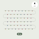 Illustration d’une guirlande lumineuse extérieure multicolore de 25 mètres, composée de 50 ampoules colorées réparties régulièrement sur un câble noir, présentée sur fond clair.
