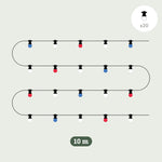 Illustration de la guirlande lumineuse Forest Grill Fête Nationale 10 m, composée de 20 ampoules LED tricolores bleues, blanches et rouges.