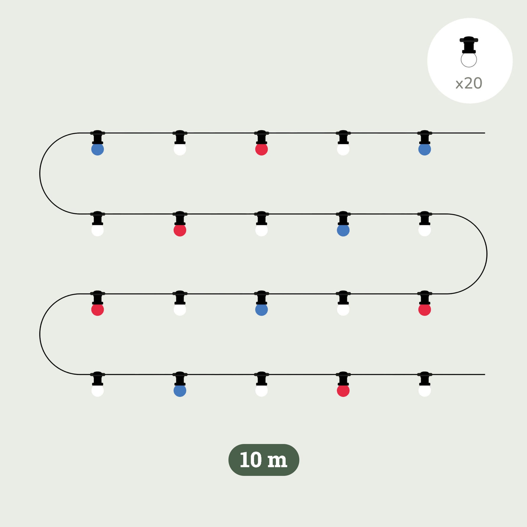Illustration de la guirlande lumineuse Forest Grill Fête Nationale 10 m, composée de 20 ampoules LED tricolores bleues, blanches et rouges.