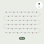 Illustration de la guirlande lumineuse Forest Grill Fête Nationale 25 m, comprenant 50 ampoules LED bleues, blanches et rouges réparties sur un long câble noir.