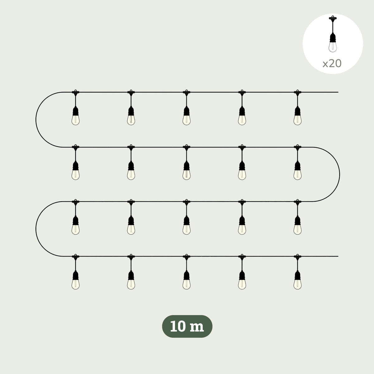 Illustration d'une guirlande lumineuse Goutte Forest Grill 10 m, équipée de 20 ampoules suspendues diffusant une lumière blanche chaude pour un éclairage extérieur élégant et durable.