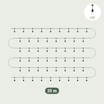 Illustration d’une guirlande lumineuse extérieure Forest Grill de 25 mètres, composée de 50 ampoules goutte suspendues sur un câble noir, idéale pour éclairer terrasses et jardins.