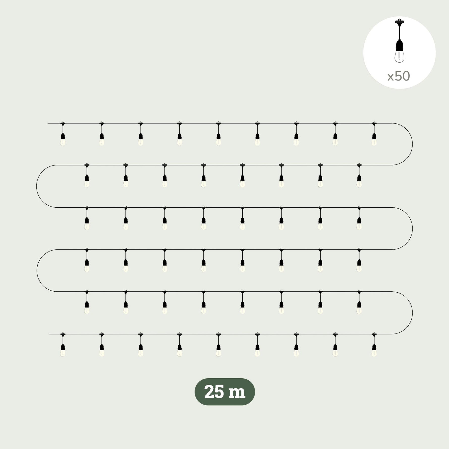 Illustration d’une guirlande lumineuse extérieure Forest Grill de 25 mètres, composée de 50 ampoules goutte suspendues sur un câble noir, idéale pour éclairer terrasses et jardins.