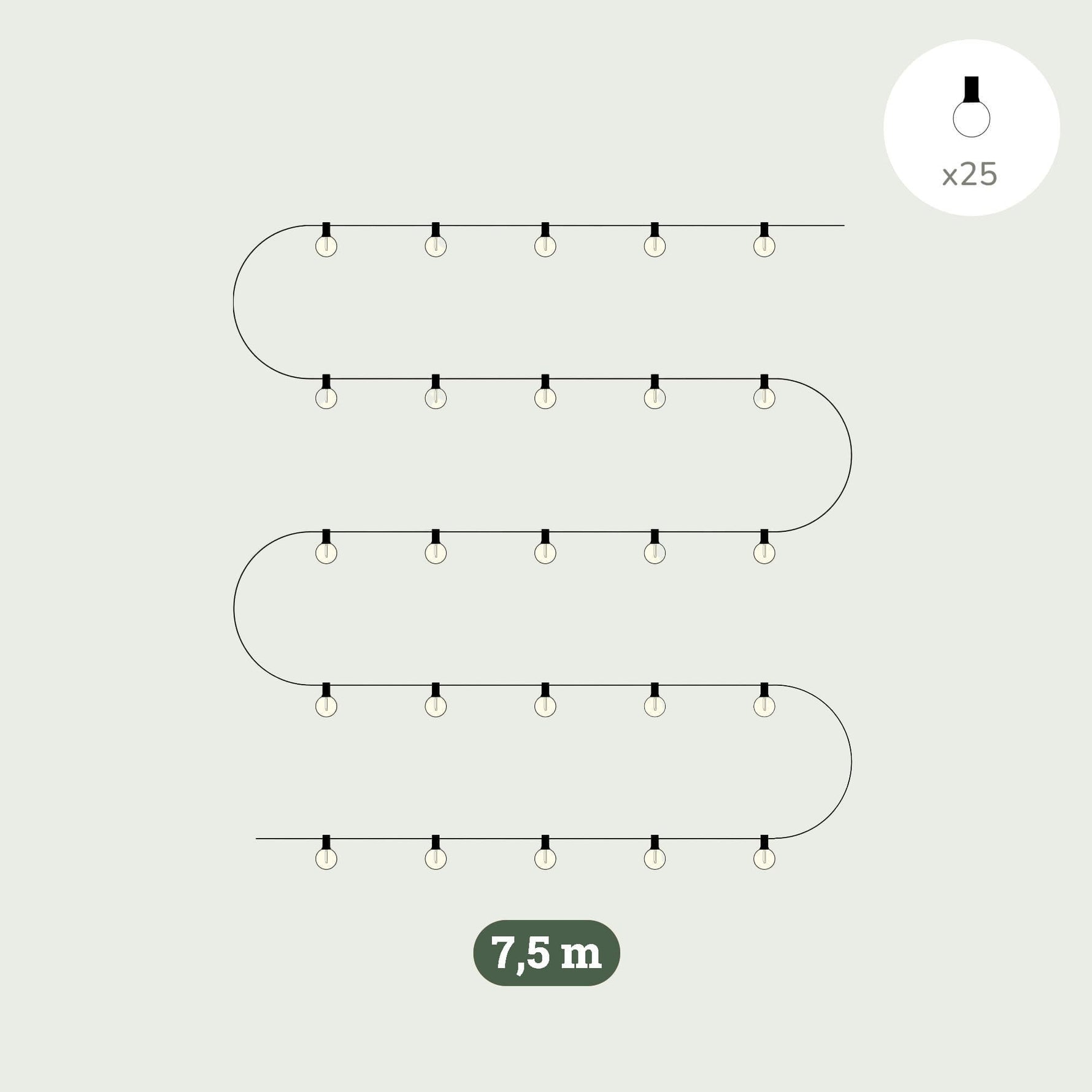 Illustration technique de la guirlande lumineuse extérieure Forest Grill Goya 7,5 m, composée de 25 ampoules rondes à filament LED réparties régulièrement le long d’un câble noir pour une éclairage décoratif chaleureux adapté aux terrasses et jardins.