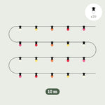 Illustration de la guirlande lumineuse Forest Grill Sunset 10 m, comprenant 20 ampoules LED colorées dans des tons chauds (rose, orange, jaune et blanc).