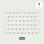 Illustration technique de la guirlande lumineuse extérieure Forest Grill Sunset 25 m, composée de 50 ampoules LED colorées dans des tons chauds (rose, orange, jaune et blanc). 