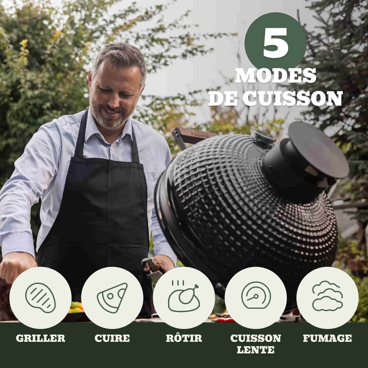 Illustration des 5 modes de cuisson du Kamado Forest Grill : griller, cuire, rôtir, cuisson lente et fumage, pour une maîtrise complète du feu.