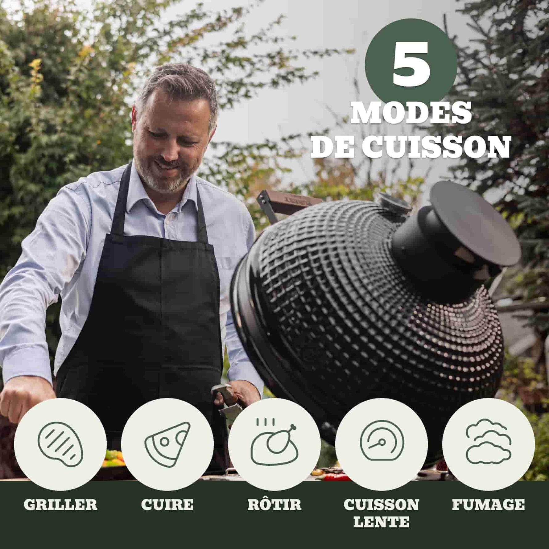 Illustration des 5 modes de cuisson du Kamado Forest Grill : griller, cuire, rôtir, cuisson lente et fumage, pour une maîtrise complète du feu.
