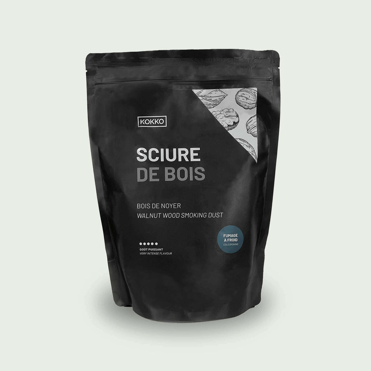 Sachet de sciure de bois de noyer pour fumage à froid, offrant un arôme riche et légèrement corsé.