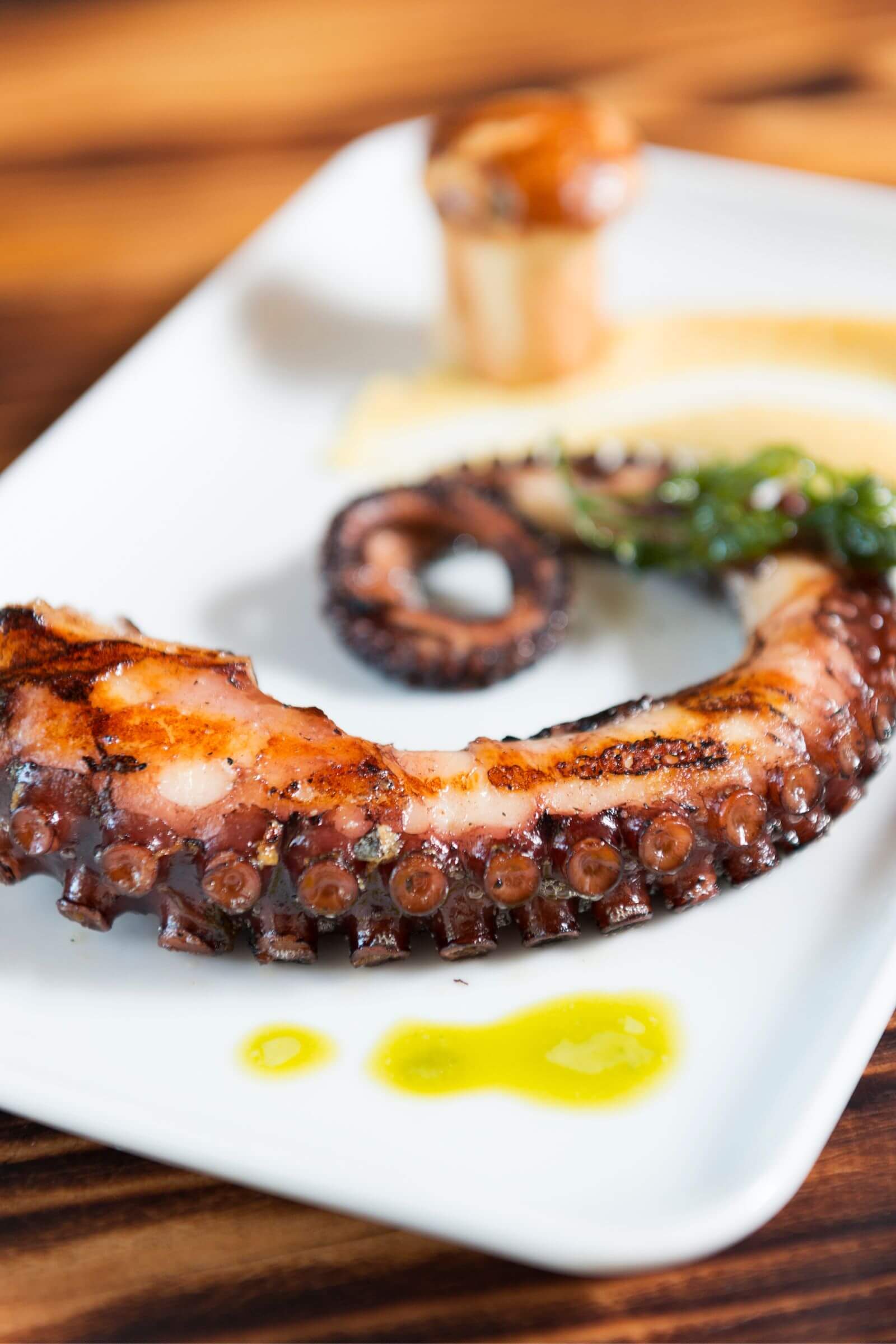 Tentacule de poulpe grillé servi avec une sauce légère à l’huile d’olive et des accompagnements gourmets.