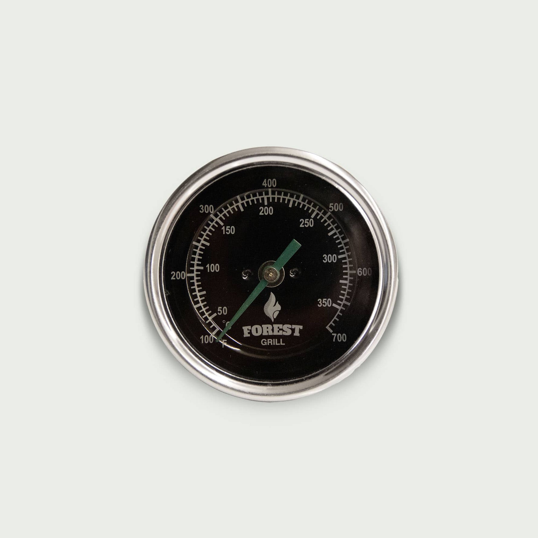 Thermomètre rond Forest Grill pour kamado, cadran noir avec aiguille verte et graduations de température, vu de face sur fond clair.