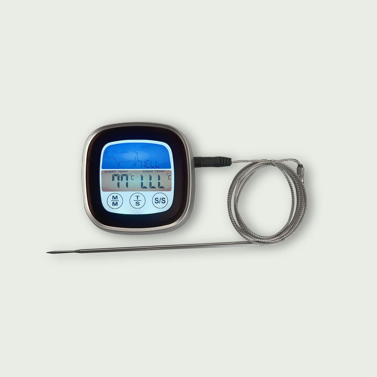 Thermomètre de cuisson avec sonde en acier inoxydable et écran rétroéclairé bleu, idéal pour contrôler la température des viandes au barbecue kamado.